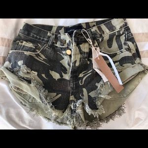 NWT Distressed Denim Green Camo Shorts- Roll Up